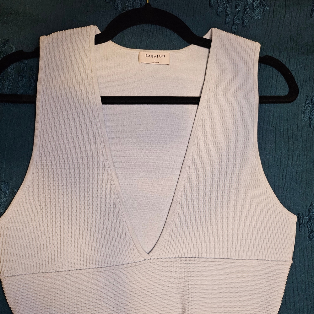 Babaton Light Blue Ribbed Deep V Tank Top